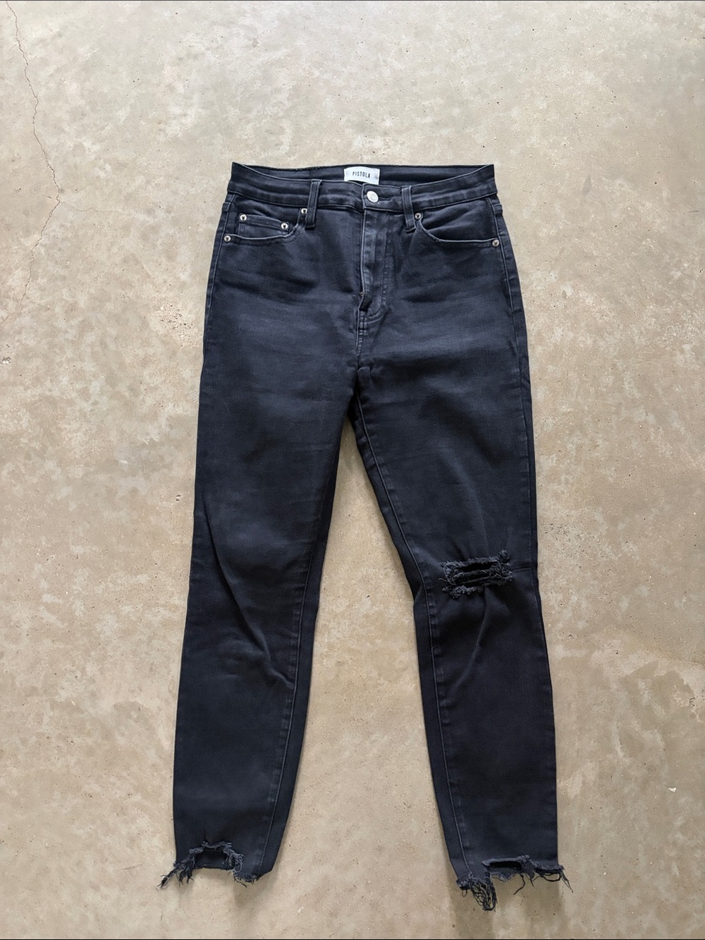 Pistola Black Skinny Jeans with Distressed Knees and Frayed Ankles